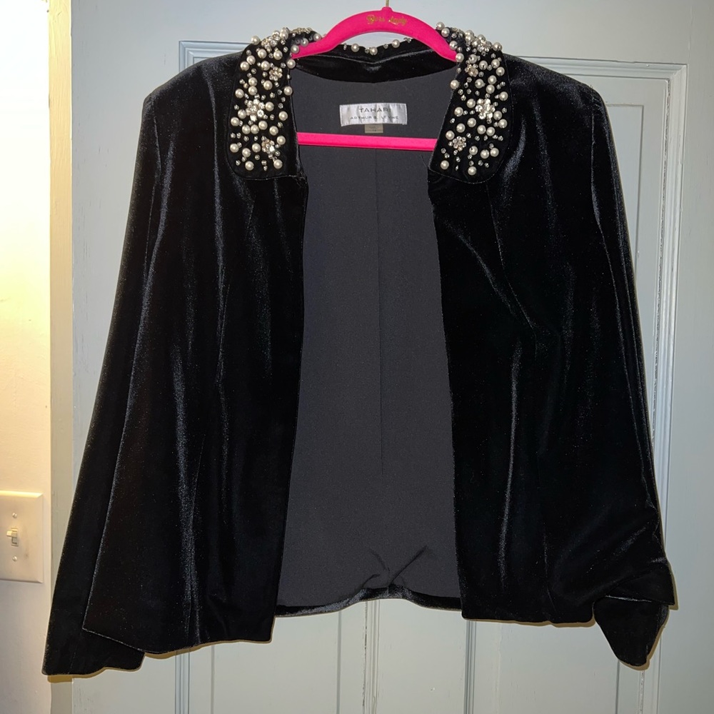 Sophisticated black Tahari velvety blazer with embellished collar.